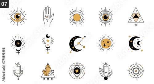 Collection of mystical and celestial vector icons featuring moons, stars, eyes, and crystals in