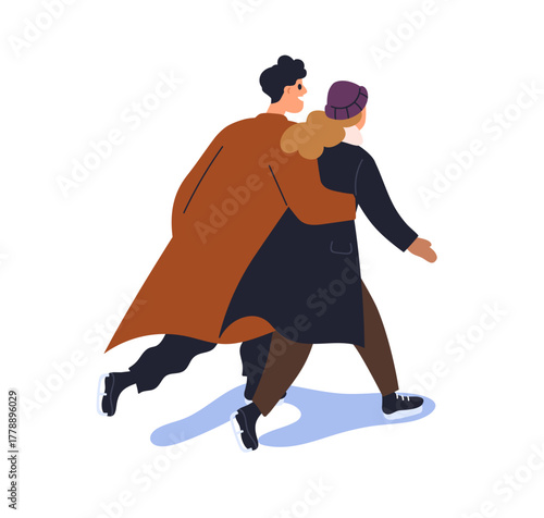 Skating couple on ice rink. People in love, man and woman gliding on skates t...