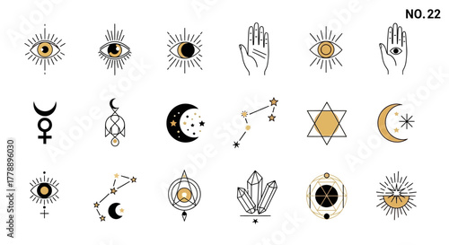 Set of Minimalist Mystical Vector Designs Featuring Eyes, Hands, Moons, and Crystals