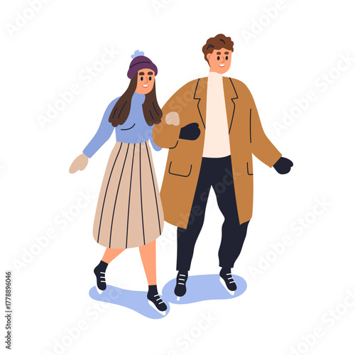 Love couple skating on ice rink. Happy man and woman together during winter sport activity. Young male and female on romantic date at wintertime. Flat vector illustration isolated on white background