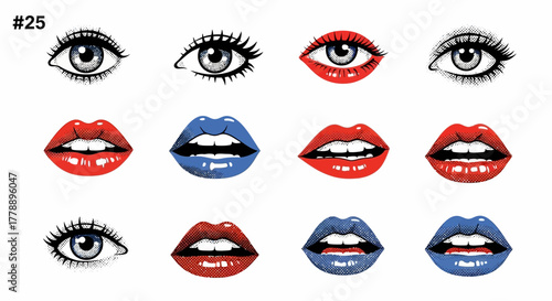 Illustrated visage elements pattern featuring eyes and lips with varying designs and bold colors