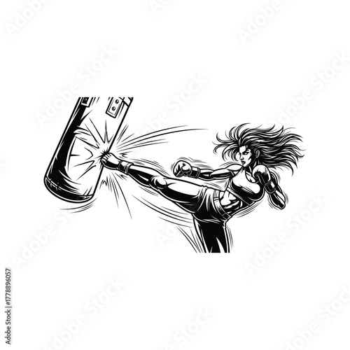 Dynamic illustration of a powerful female kickboxer delivering a forceful kick to a purple punching bag