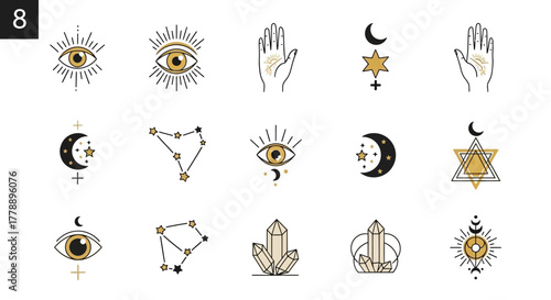 Mystical collection of esoteric vector art with spiritual and celestial elements and symbols