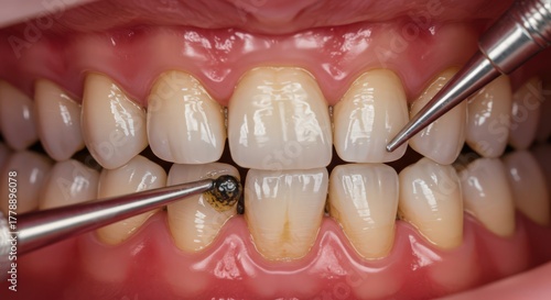 Close up of dental instruments polishing and cleaning teeth during a professional dental cleaning procedure