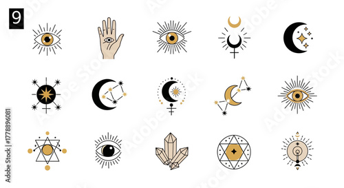 Collection of Mystical and Celestial Illustrations featuring Eyes, Moons, Stars and Geometric