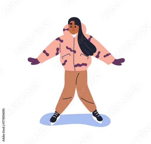 Ice rink skating. Black girl balancing on skates, winter holiday sport activity. Female skater learning for first time. Wintertime entertainment. Flat vector illustration isolated on white background