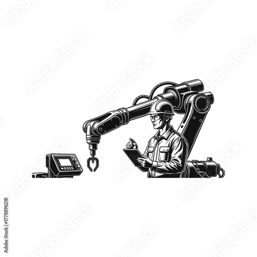 Engineer in hard hat and glasses uses tablet to control industrial robot arm in factory setting