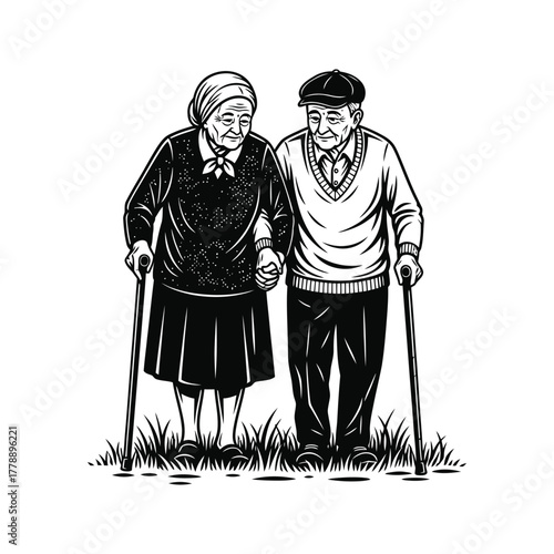 Elderly couple holding hands and walking with canes on grass in a loving embrace