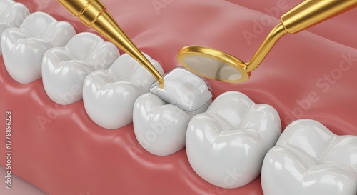 Close up of a dental examination showing a dentist s tools inspecting healthy white teeth in a gum model