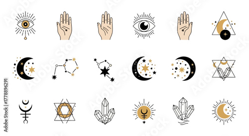 Celestial mystic symbols of astrology signs, stars and esoteric elements in spiritual themes