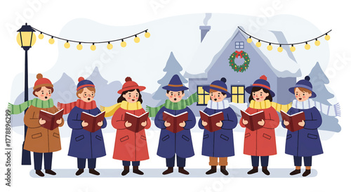 Illustration of a group of cheerful children caroling in winter clothing with books in a snowy village scene with a house and string lights.