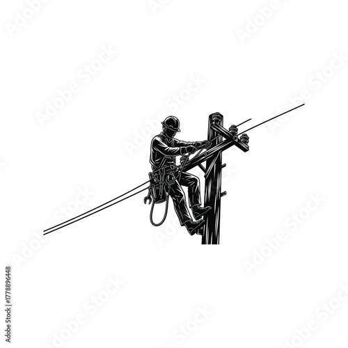 Lineman working on utility pole with tools and safety harness connecting power lines