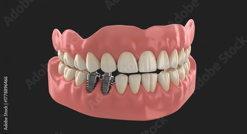 Realistic dental model showing dentures supported by dental implants in a dark background