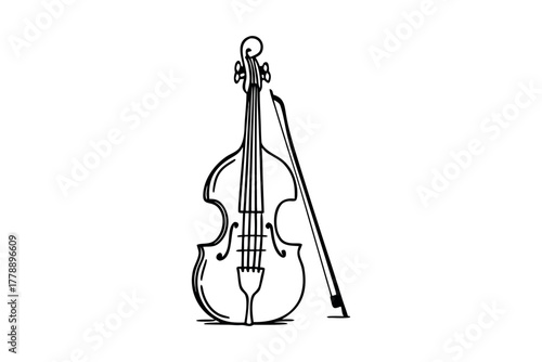 Line art drawing of a double bass and bow
