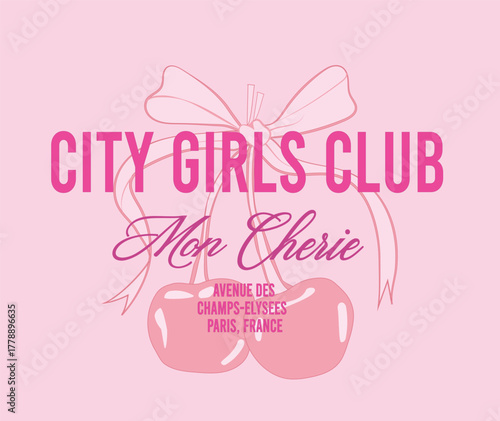 Paris girls club city French oquette bows ribbon romantique cherries romantic girl  European cute motifs cherry checker wine Trending  t-shirt design Slogan Logo Graphic Vector Tee shirt and apparel