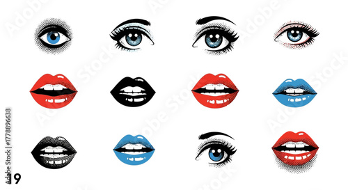 Diverse illustrated eye and lip expressions showcase beauty aesthetics with bold colors and
