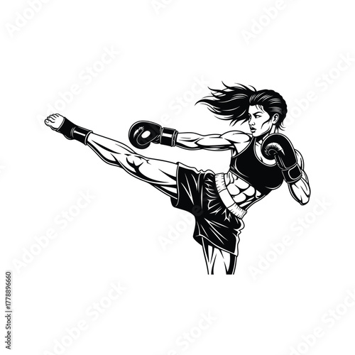 Powerful female kickboxer in action performing a high kick with boxing gloves and athletic shorts