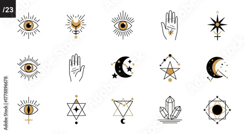 Mystical graphic elements with eyes, hands, stars and moon, perfect for esotericism themes with