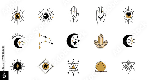 Collection of mystical celestial and esoteric symbols minimalist design elements