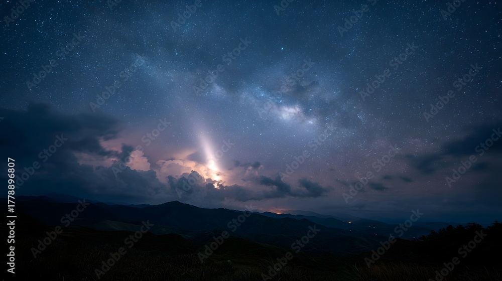 Fototapeta premium Dramatic night sky over mountains with the Milky Way illuminated by a distant beam of light and stormy clouds