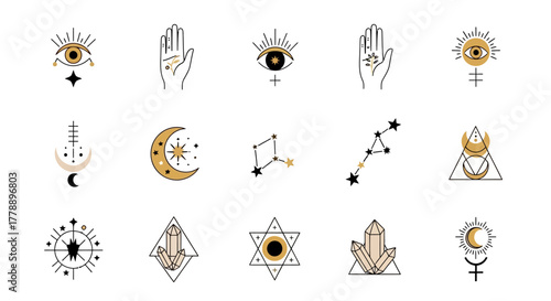 Mystical and spiritual symbols, geometric celestial designs for modern astrology themes