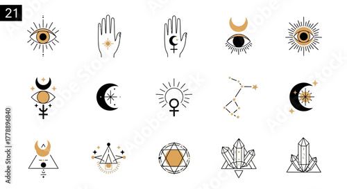 Collection of spiritual and mystical symbols with celestial and esoteric designs in line art