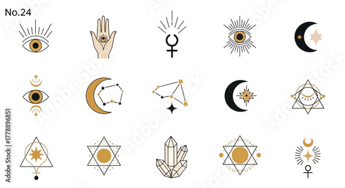 Collection of esoteric symbols featuring eyes, crescent moons, constellations and crystals