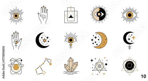 Mystical esoteric signs collection with geometric shapes eyes hands and celestial elements elegant