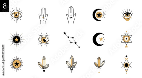 Assortment of mystical vector design elements with celestial themes and esoteric symbols
