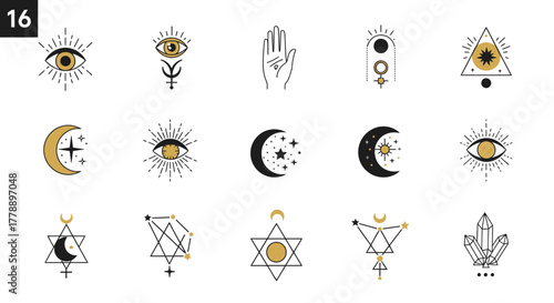 Collection of mystic symbols and celestial elements with astrology and esoteric themes