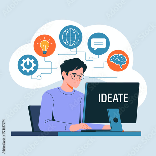 A young man is actively ideating in front of a computer that displays the word 'IDEATE' alongside various connected ideas, illustrating the creative process and mental engagement.