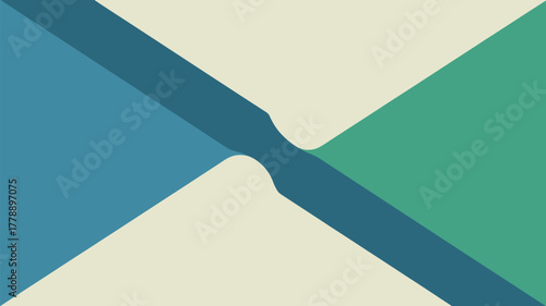 Abstract design featuring intersecting blue green and beige shapes with a central pinched area