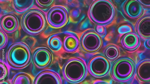  Futuristic iridescent holographic moving circle waves. Metallic foil moving background. 