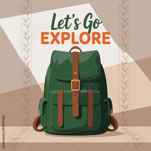 A beautifully designed green backpack rests on a shelf, adorned with stylish leather details, symbolizing the start of new adventures and the joy of exploration.