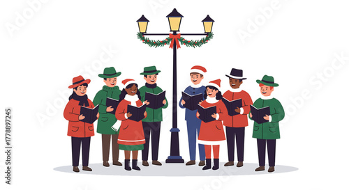 Illustration of a group of people in festive clothing singing around a decorated street lamp post on a white background.
