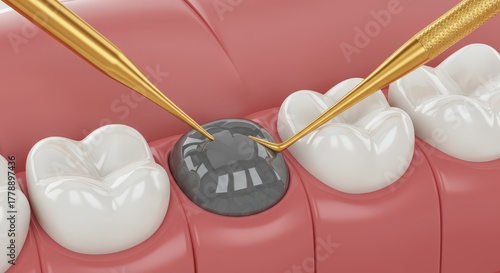 Dental restoration process showing a filling being placed on a tooth model