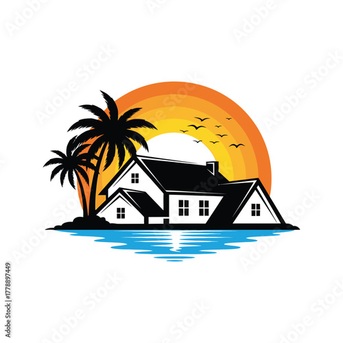 Tropical house with palm trees and ocean waves under a vibrant sunset sky with birds