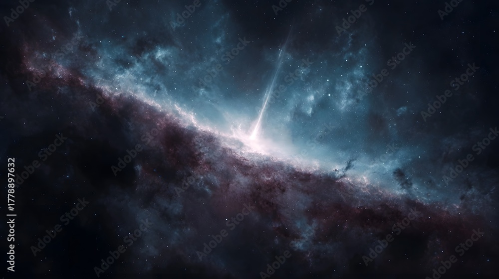 Fototapeta premium A vibrant nebula with a bright central core emitting powerful jets of energy and cosmic rays set against a dark star filled expanse