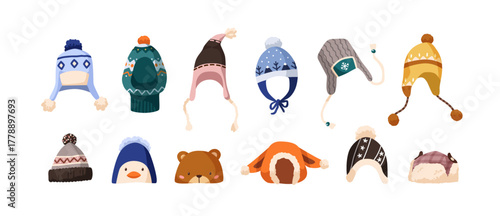 Winter hats for kid, baby. Cold season accessories, children caps, knit wear with pompom, earflaps, snowflake patterns. Woolen beanie, balaclava. Flat vector illustration isolated on white background