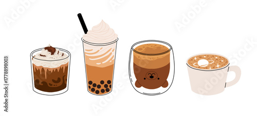 Cute coffee drinks collection, kawaii cups with latte art, whipped cream, boba tea, and cozy espresso. Adorable hot beverages set, cartoon flat vector illustration for cafe menu, stickers
