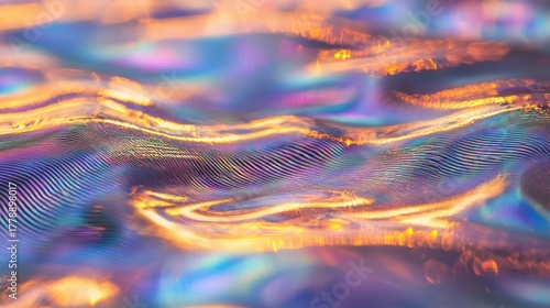 Wave pattern diffraction laser interference creates vibrant spectral lines with iridescent color gradients flowing across optical surface textures sharp focus details