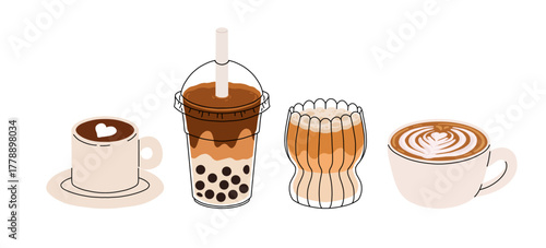 Cute coffee drinks collection, kawaii cups with latte art, whipped cream, boba tea, and cozy espresso. Adorable hot beverages set, cartoon flat vector illustration for cafe menu, stickers