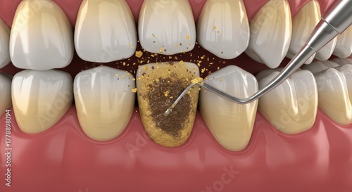 Close up of a severely decayed tooth being cleaned by a dental instrument