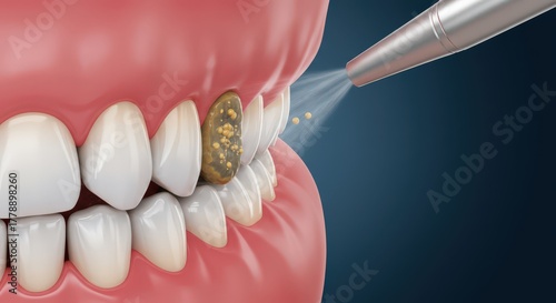 Close up of dental scaler cleaning plaque and tartar from teeth with water spray
