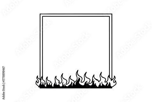 Black outline square frame with stylized flames border