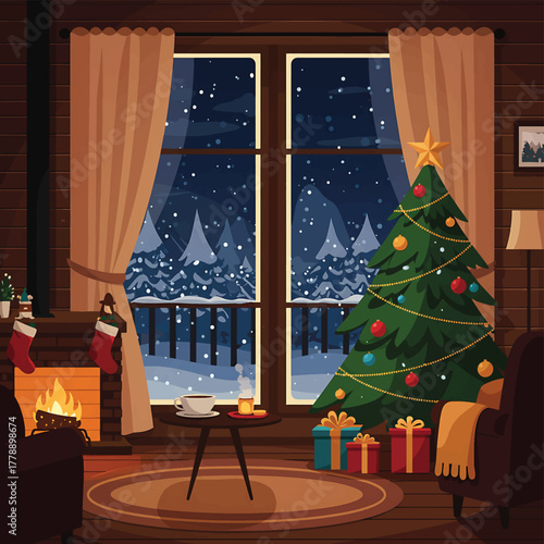 Cozy living room interior with Christmas tree, fireplace, and snowy night view through large window.