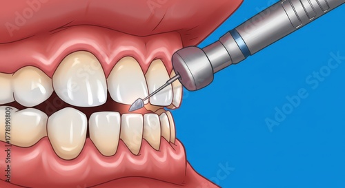 Close up of a dental drill cleaning teeth illustrating dental hygiene and professional oral care procedures