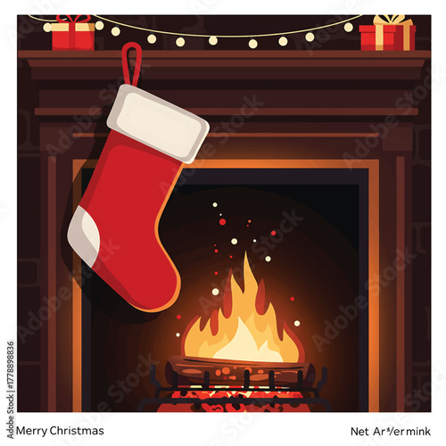 A red Christmas stocking hangs by a fireplace with a warm fire burning inside, surrounded by holiday decorations.