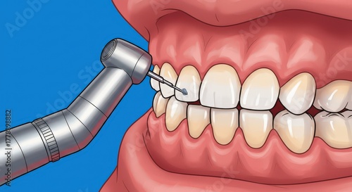 Close up illustration of a dental drill polishing a human tooth during a dental cleaning procedure