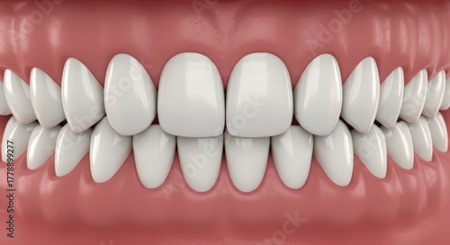 Close up view of healthy human teeth and gums showing a perfect smile with white enamel and pink tissue
